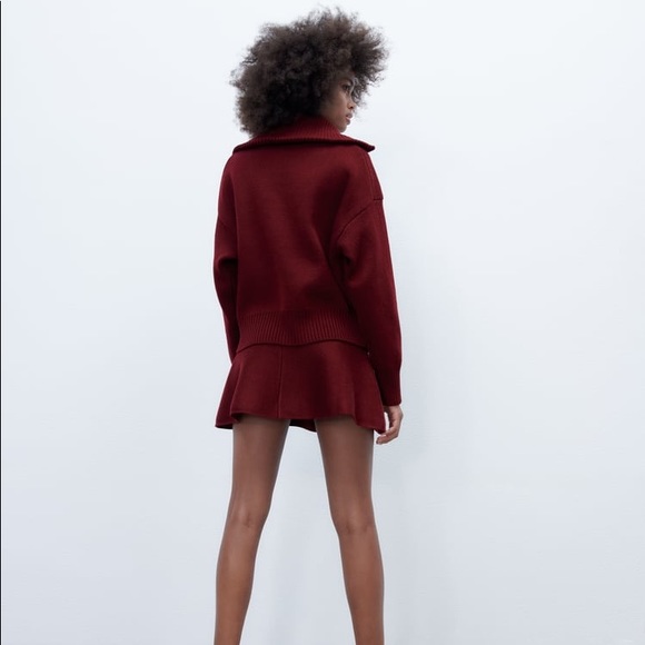 Zara Set - Burgundy Wool Blend Knit Zip Sweater & Mini Skirt - Picture 10 of 17